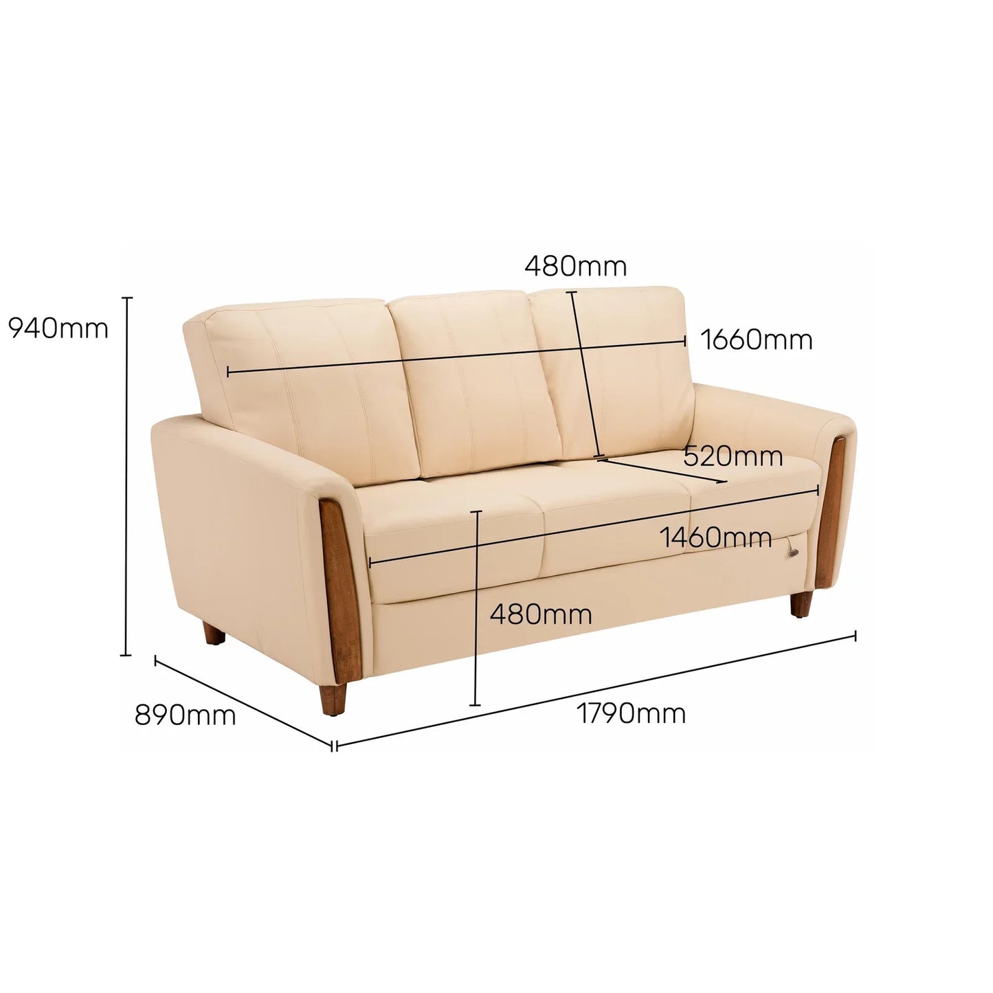 Leatherette 3 Seater Sofa in Cream White