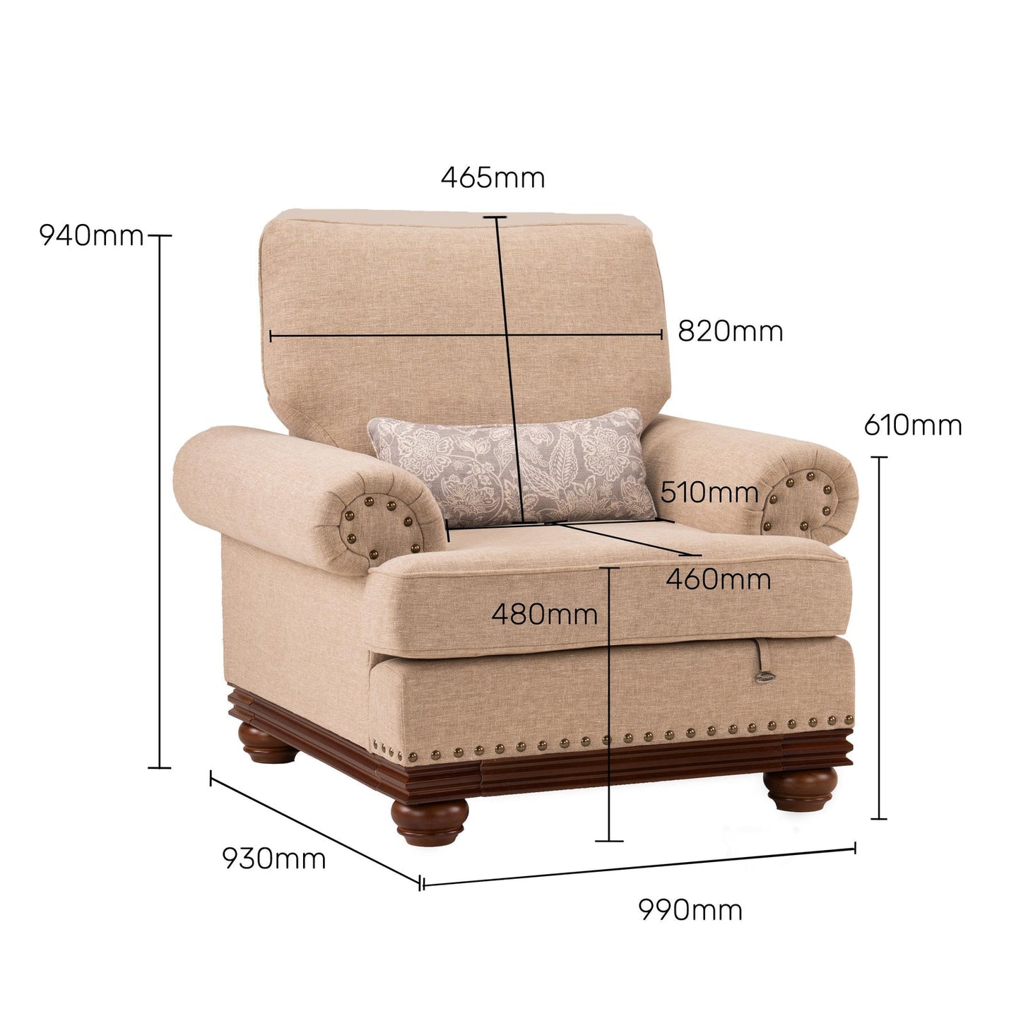 Linen 1 Seater Rolled Arms Sofa in Smokey Taupe