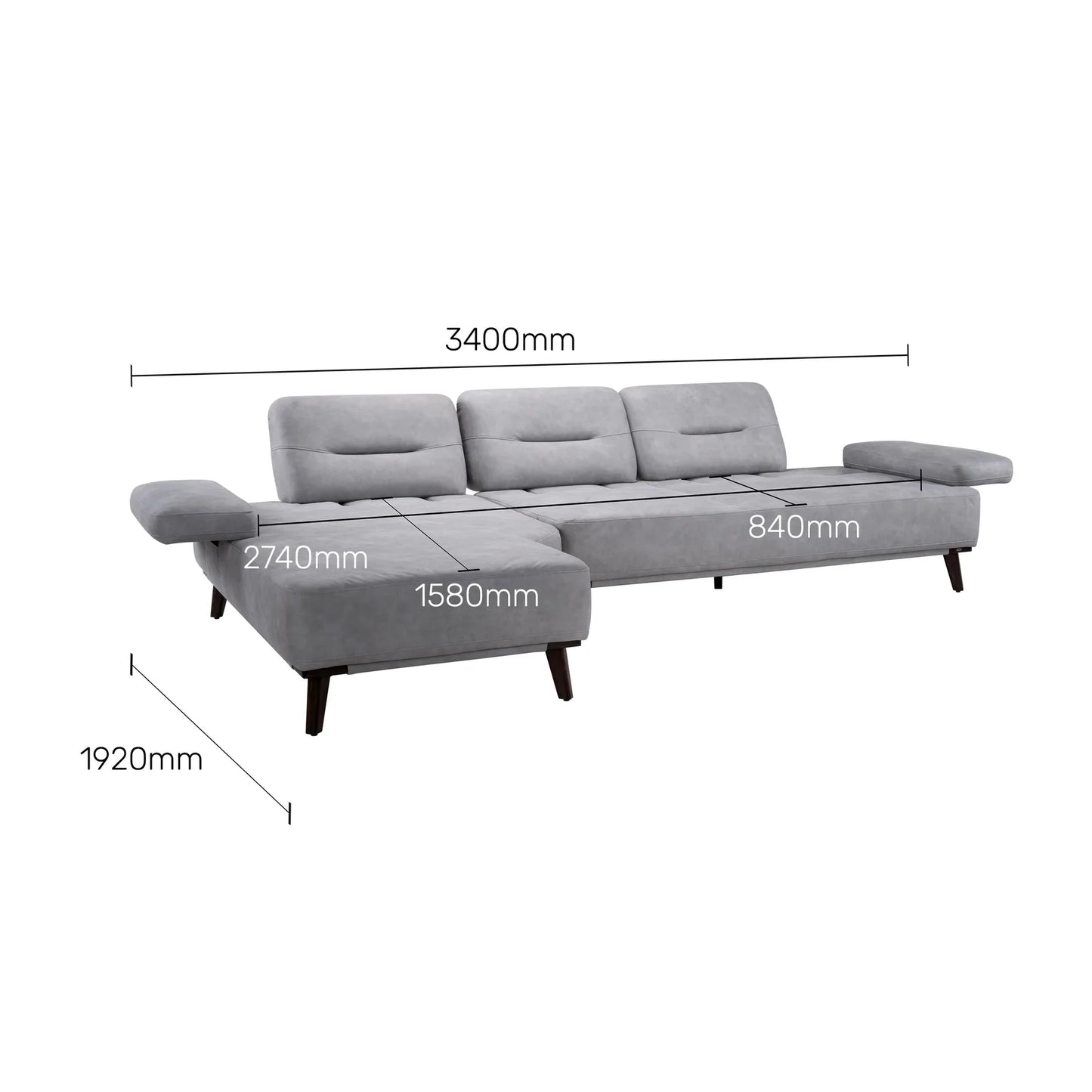 Suede L Shaped Sofa with Extendable Backrest