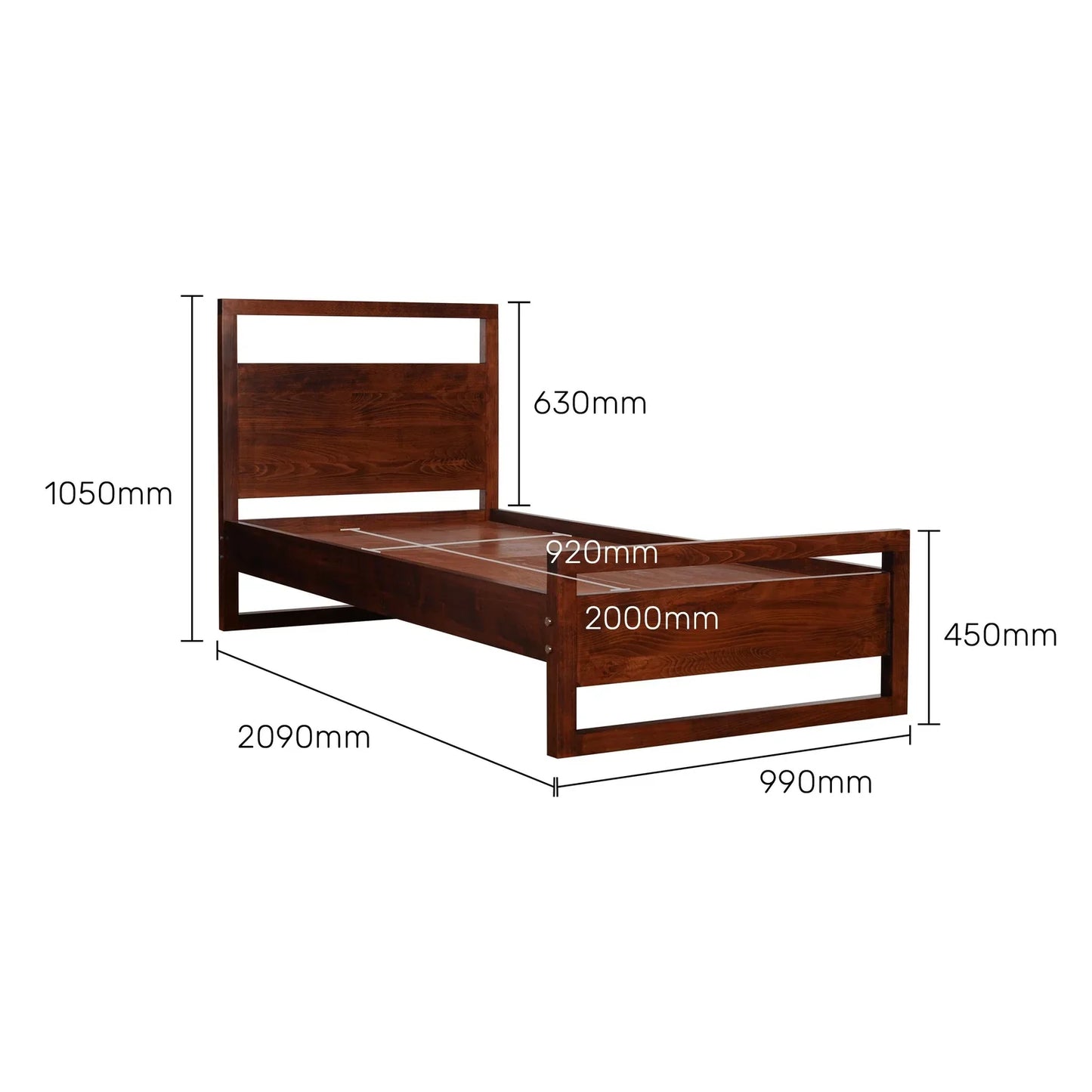 Solid Wood Single Size Bed, Dark Oak Finish