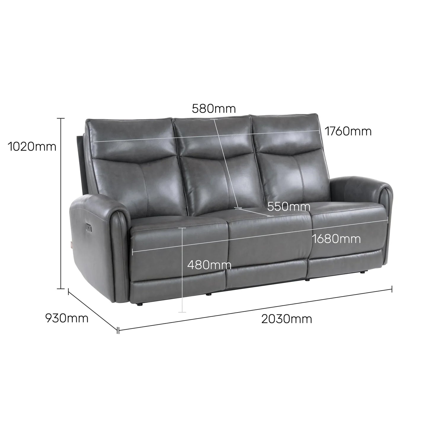 Leather 3 Seater Power Recliner with Charging Ports