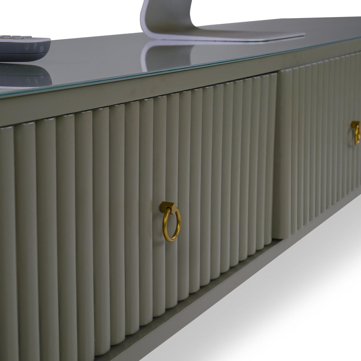 Glass Top TV Unit in Grey with Fluted Detail