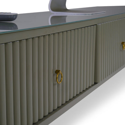 Glass Top TV Unit in Grey with Fluted Detail