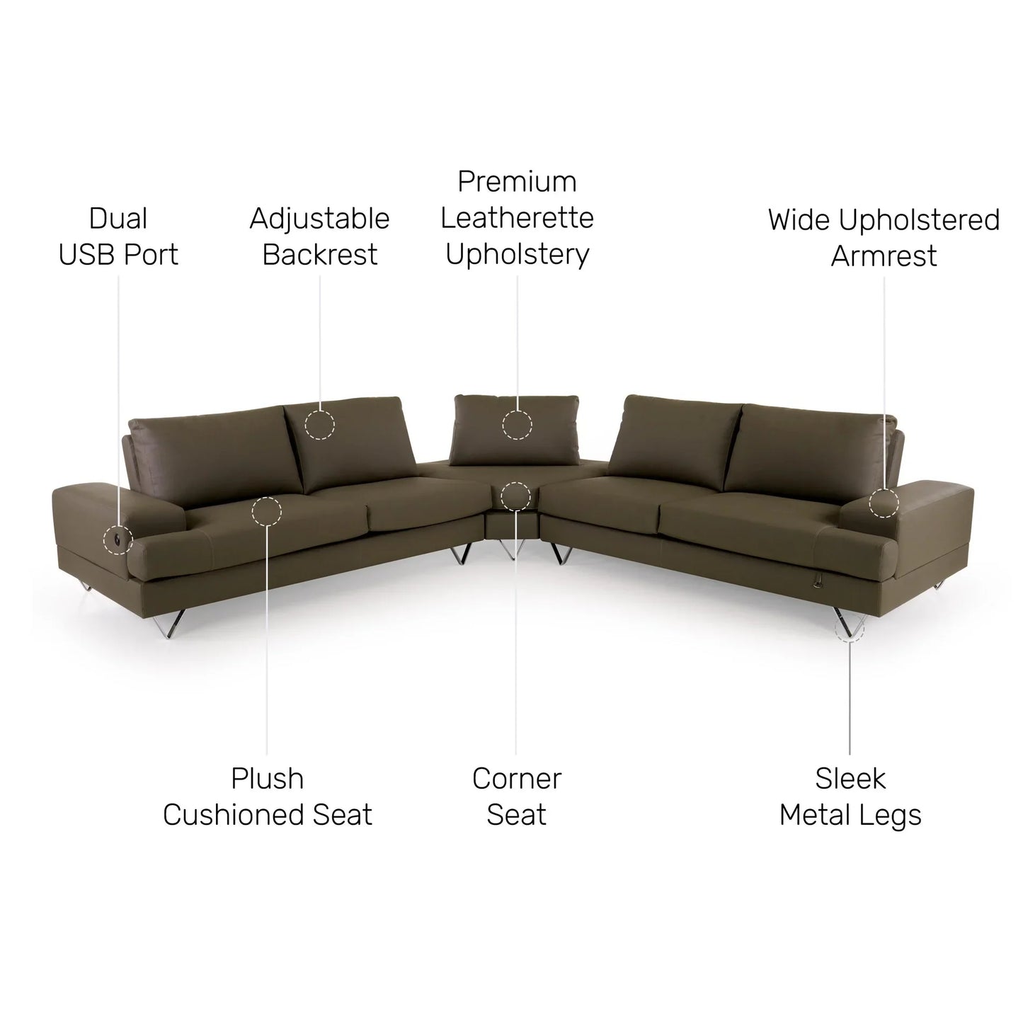 Leatherette Sectional Sofa with USB Port