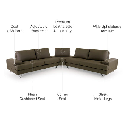 Leatherette Sectional Sofa with USB Port