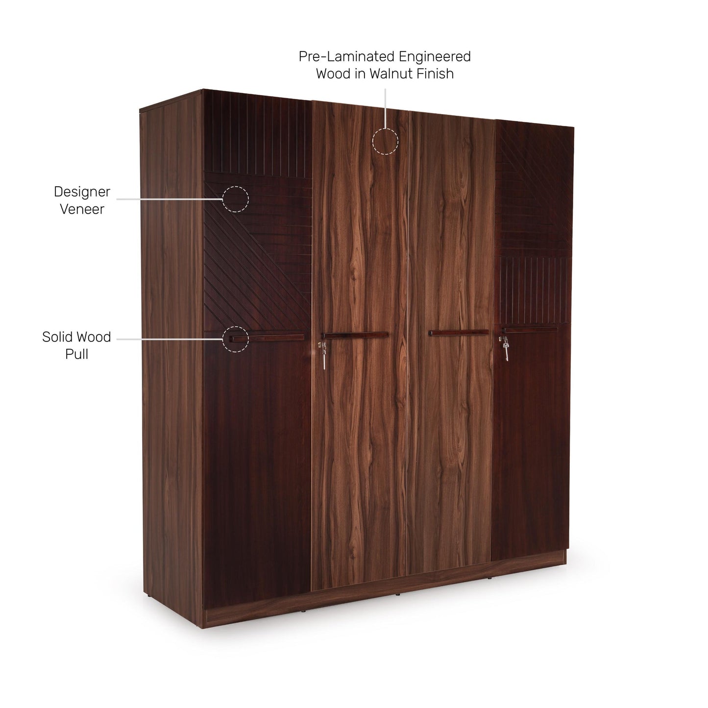 Veneer 4 Door Wardrobe in Walnut Finish