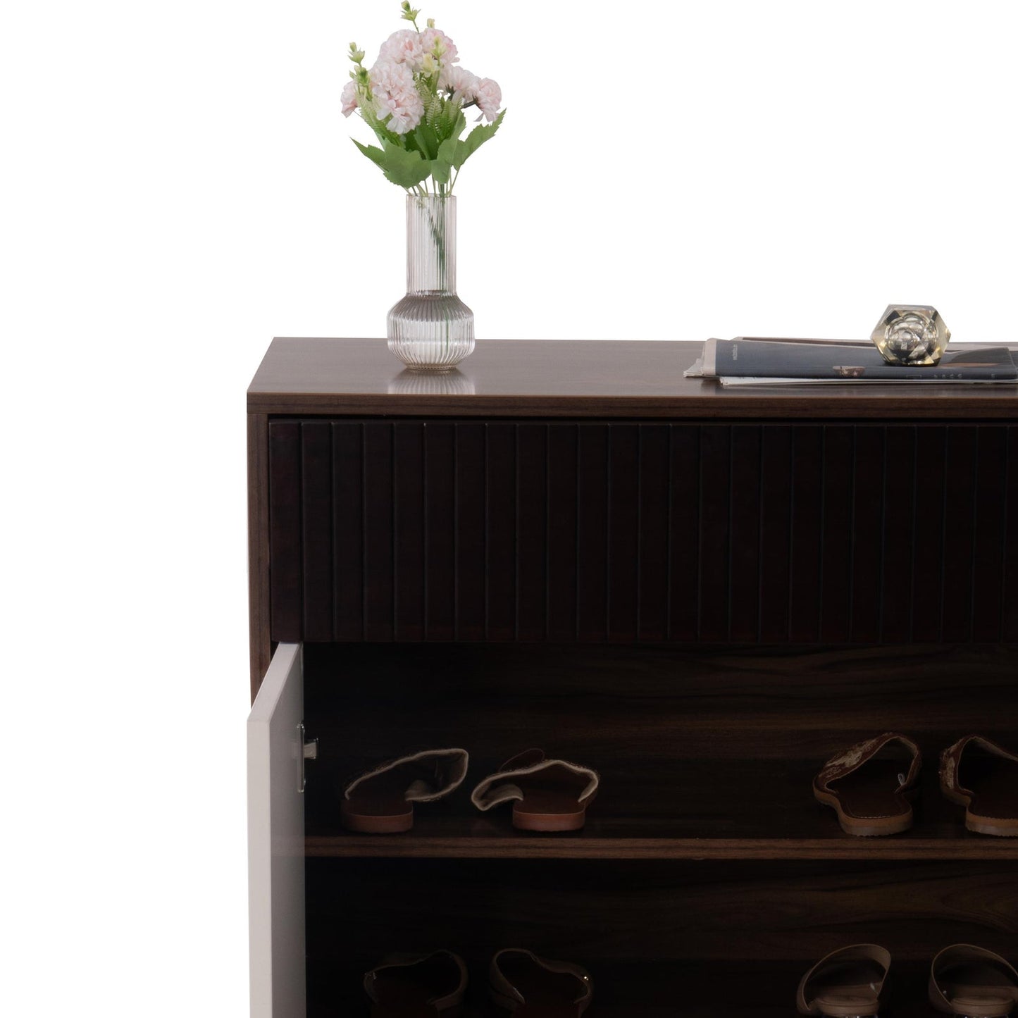 Shoe Cabinet in Walnut Finish with Fluted detail