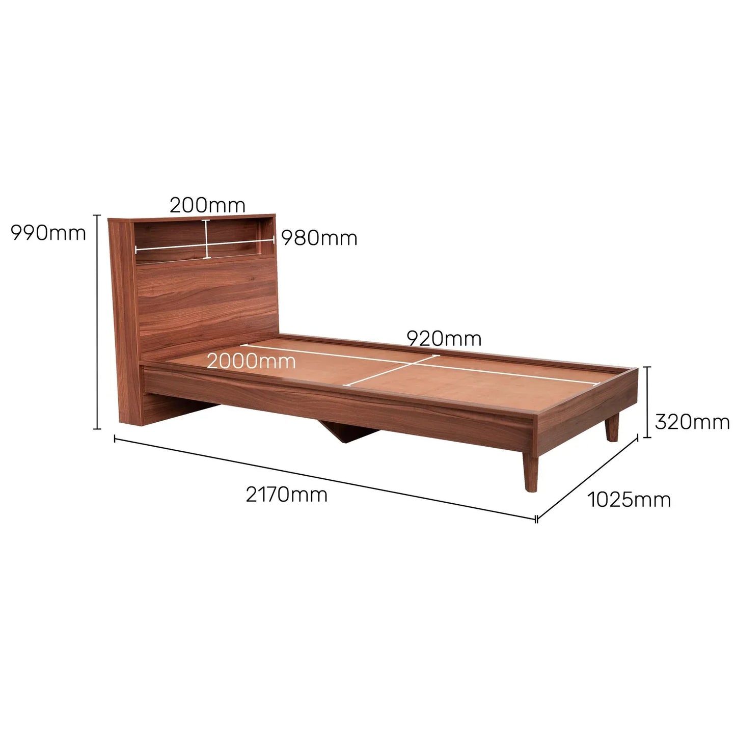 Single Bed in Walnut Finish with LED Light