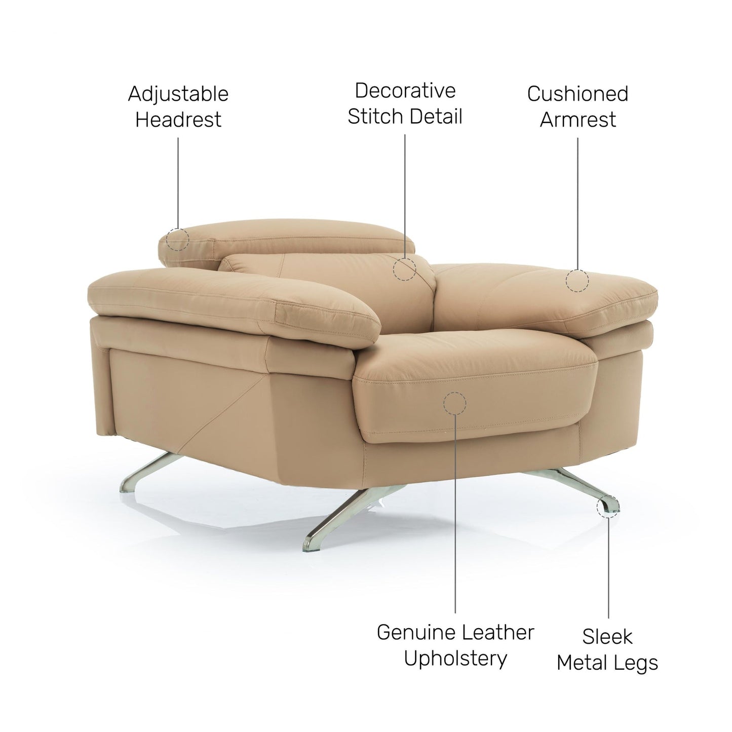 Leather 1 Seater Sofa with Adjustable Headrest