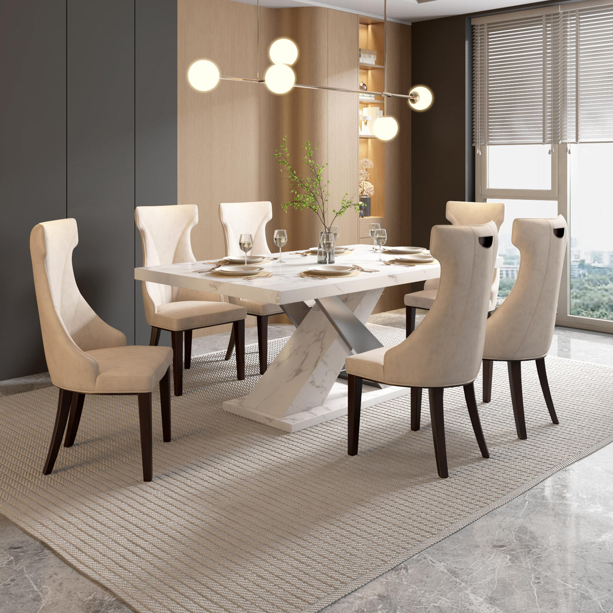 6 Seater Dining Set with Marble Finished Top