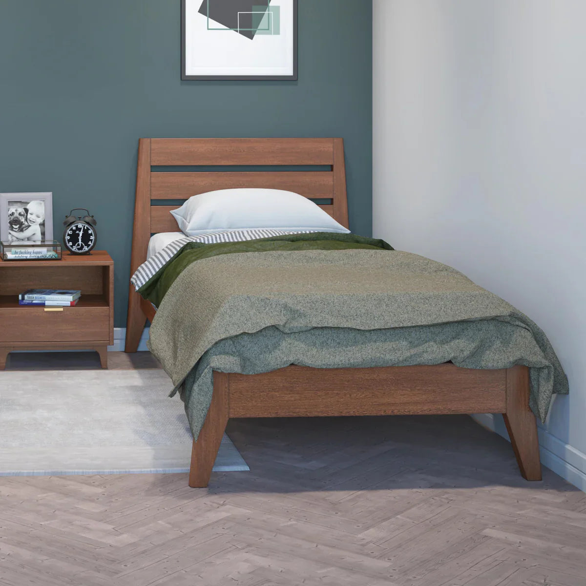Solid Wood Single Bed with Memory Foam Mattress