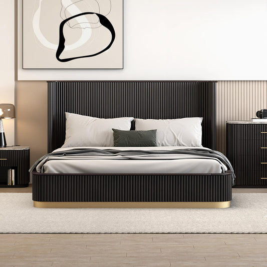 Fluted Wingback Queen Size Bed with Hydraulic Storage