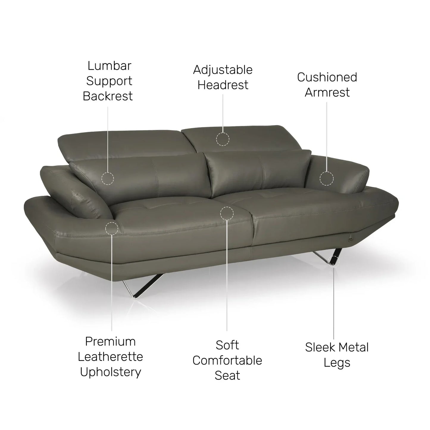 Leatherette 3 Seater Sofa with Adjustable Headrest