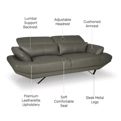 Leatherette 3 Seater Sofa with Adjustable Headrest