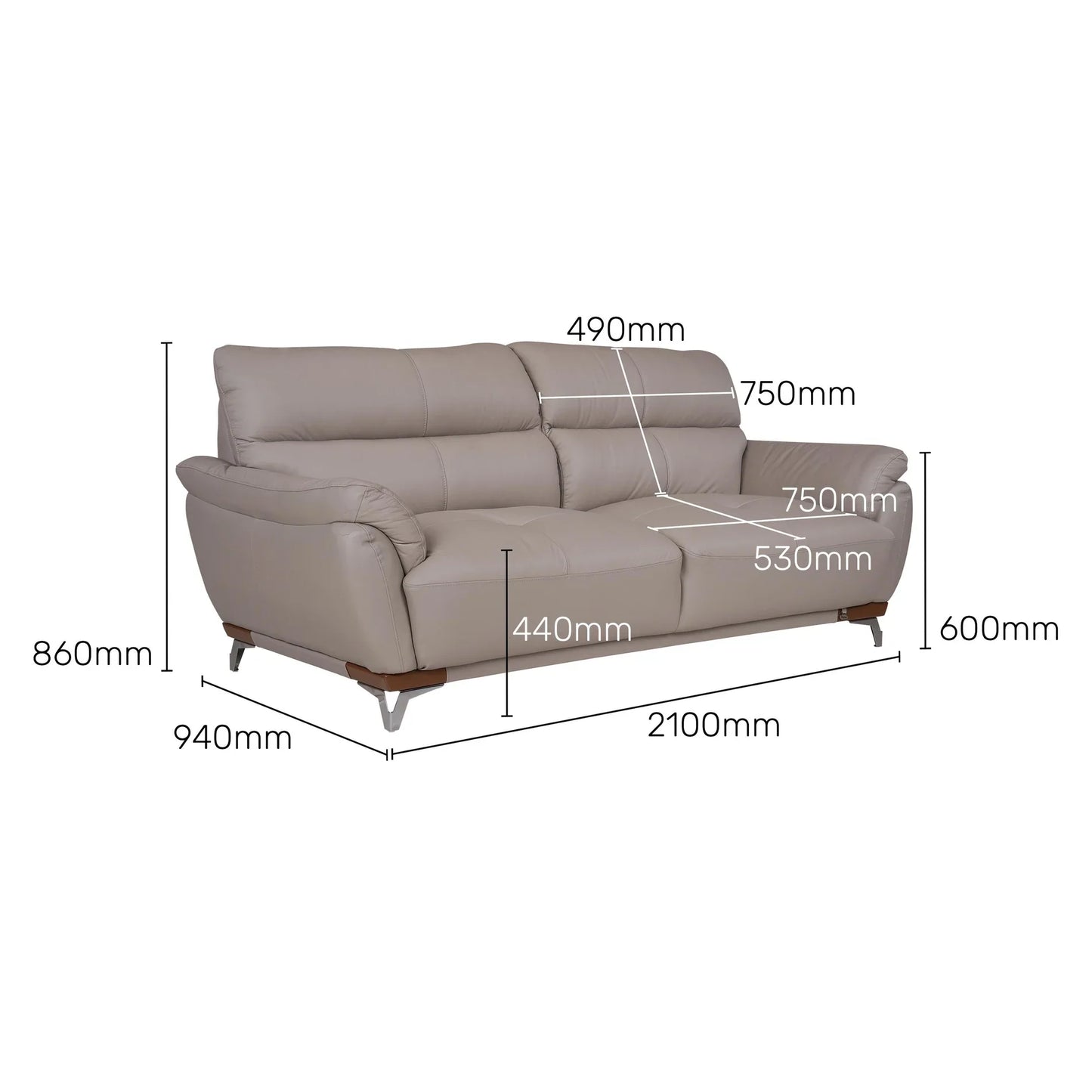 Leather 3 Seater Sofa in Light Grey