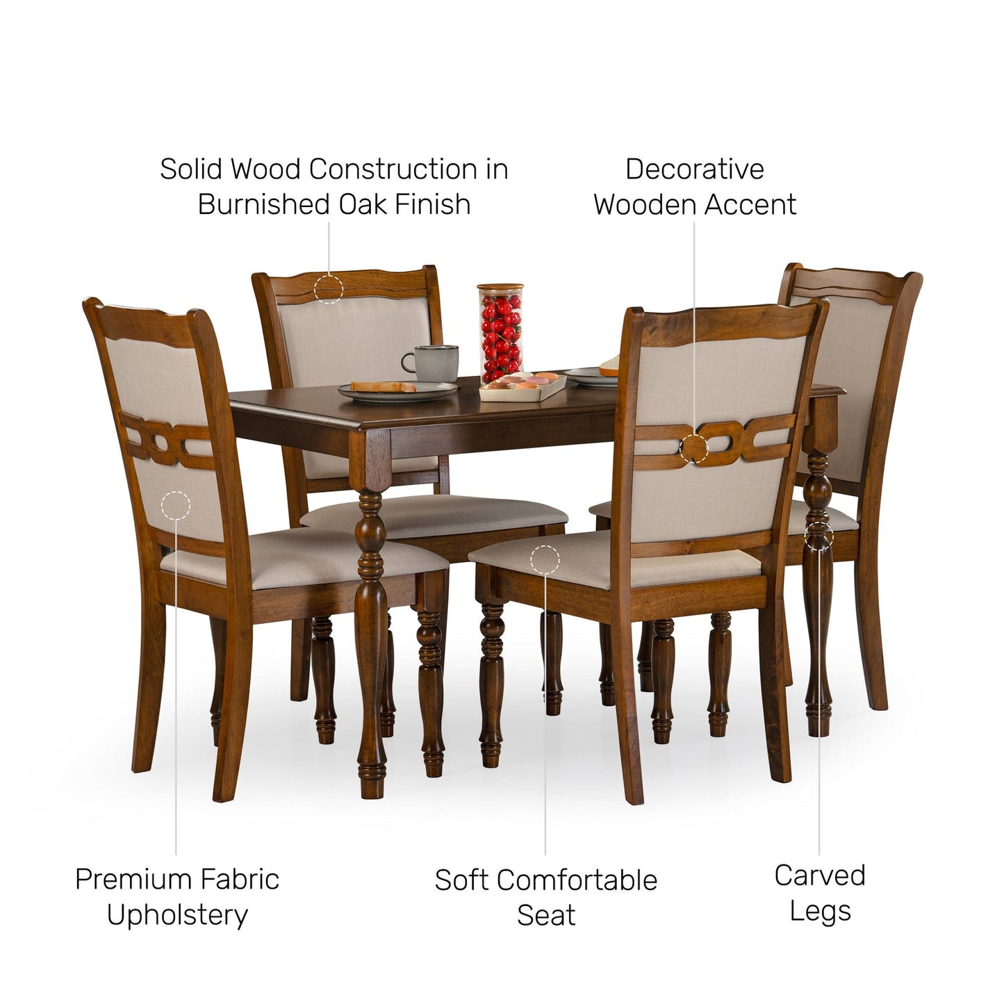 Solid Wood 4 Seater Dining Set in Burnished Oak Finish