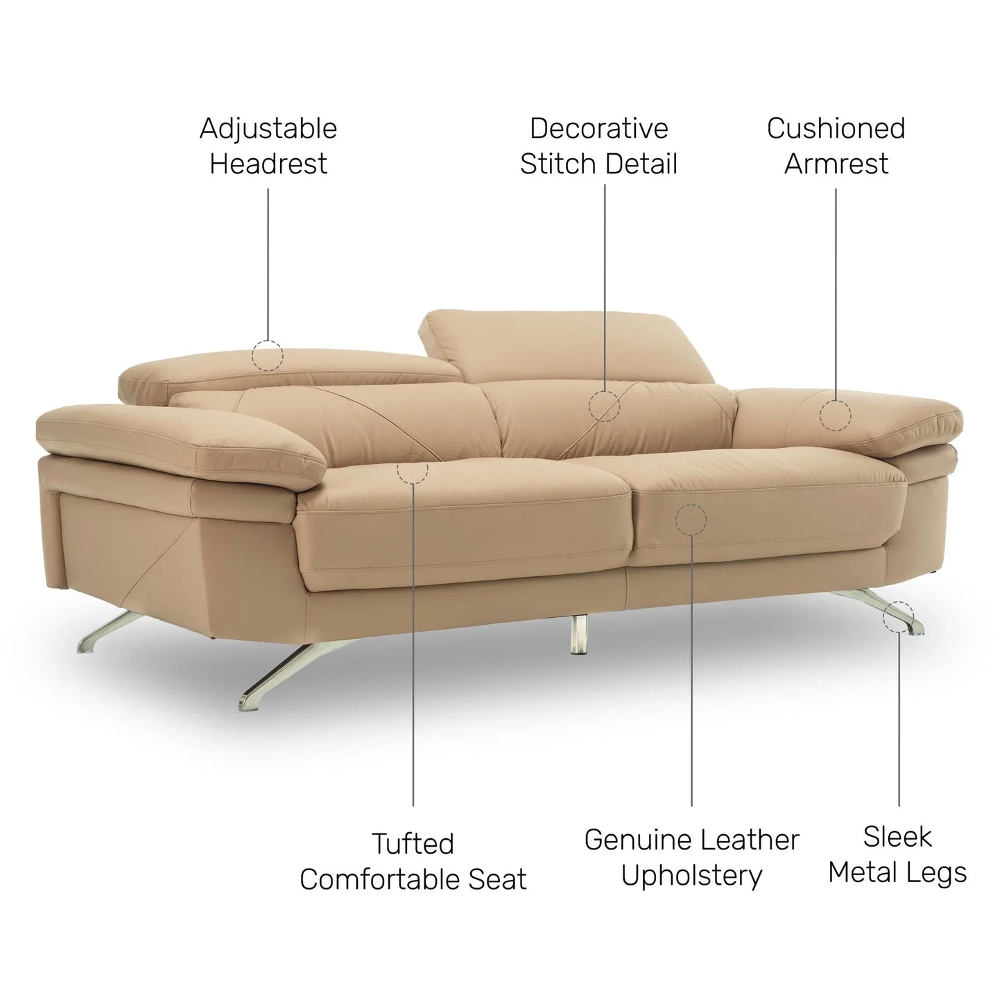Leather 3 Seater Sofa with Adjustable Headrest