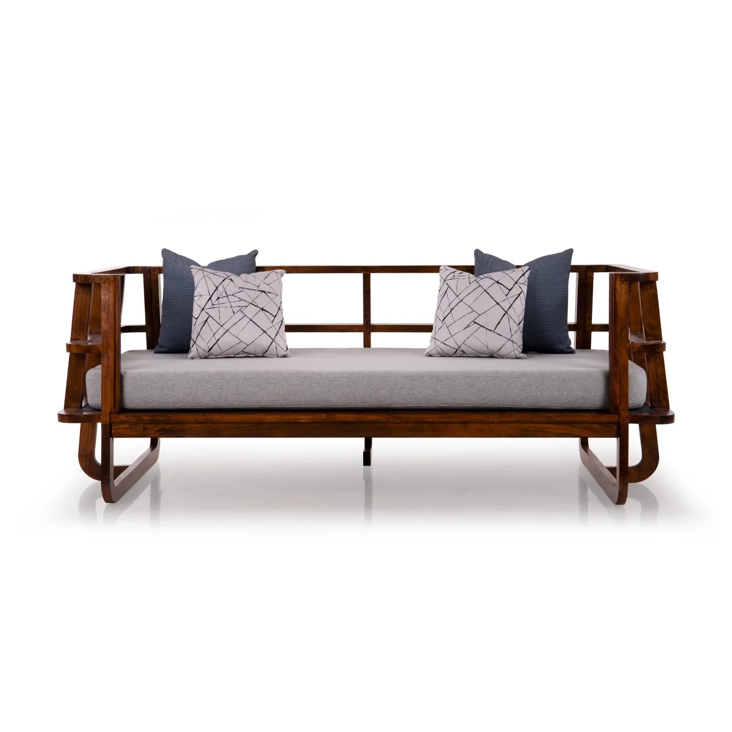 Solid Wood Slatted Sofa Cum Bed In Dark Oak Finish