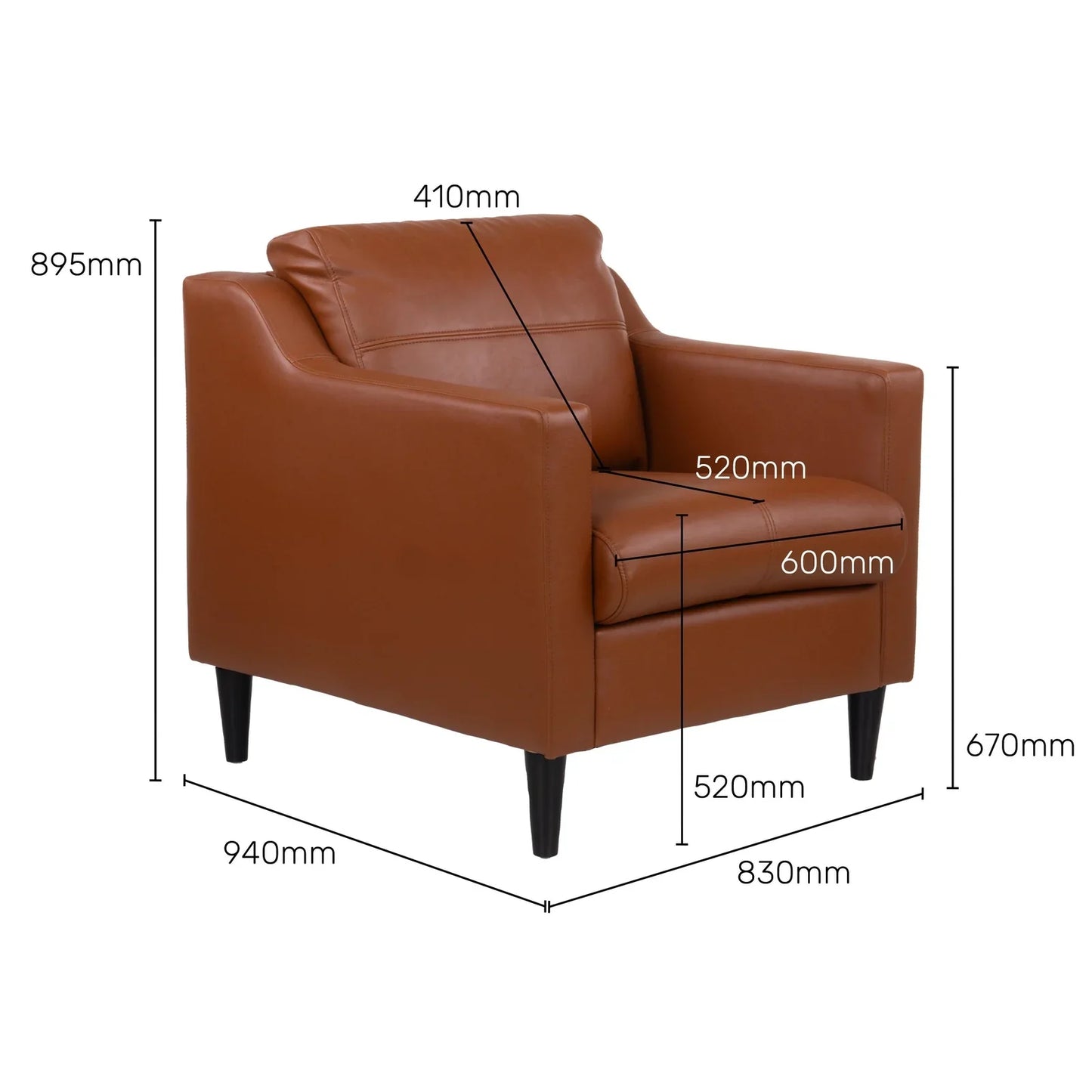 Leatherette 1 Seater Sofa in Tan Brown