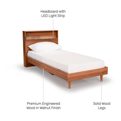 Single Bed in Walnut Finish with LED Light
