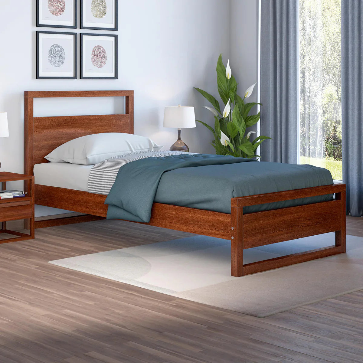 Solid Wood Single Size Bed, Dark Oak Finish
