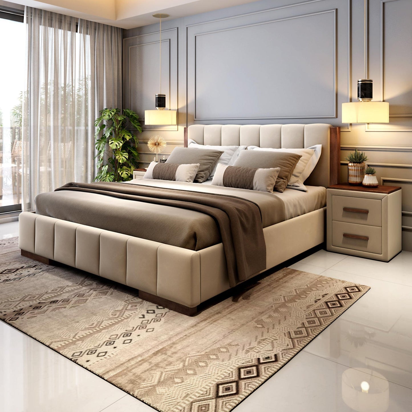 Upholstered Queen Size Bed with Tufted Headboard