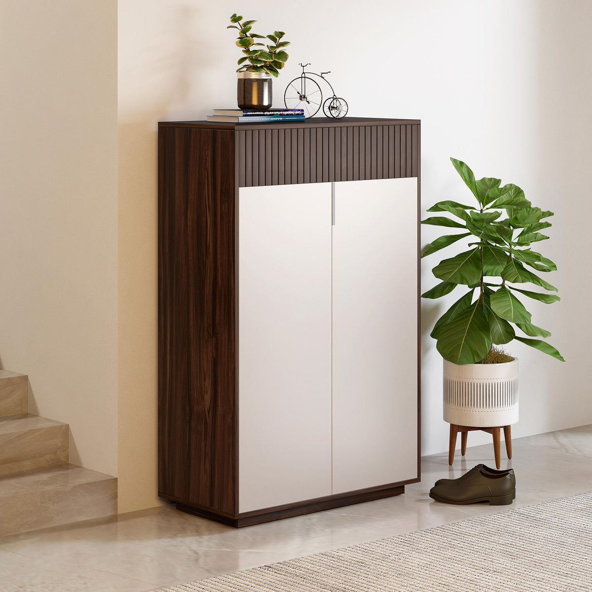 Shoe Cabinet in Walnut Finish with Fluted detail