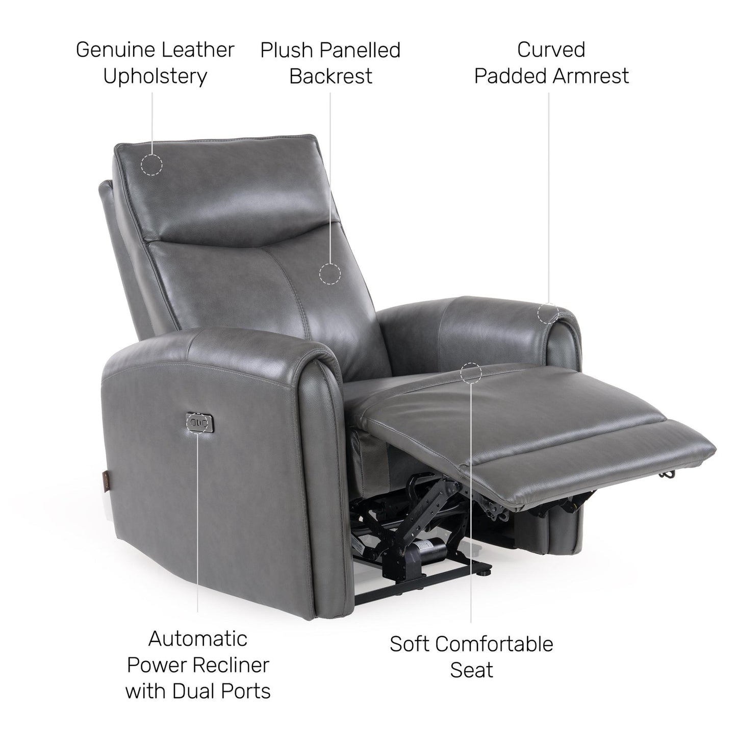 Leather 1 Seater Power Recliner with Charging Ports