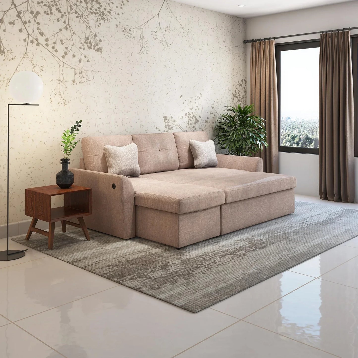 Fabric Sofa Cum Bed with Storage Chaise