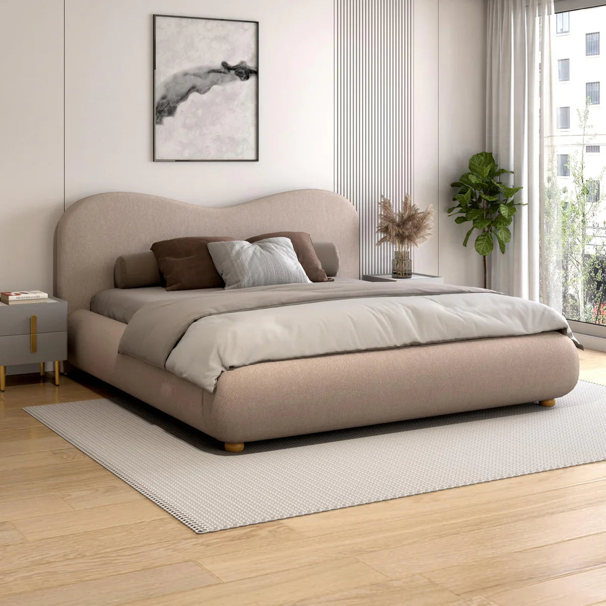 Curved Upholstered Low-Profile Queen Size Bed