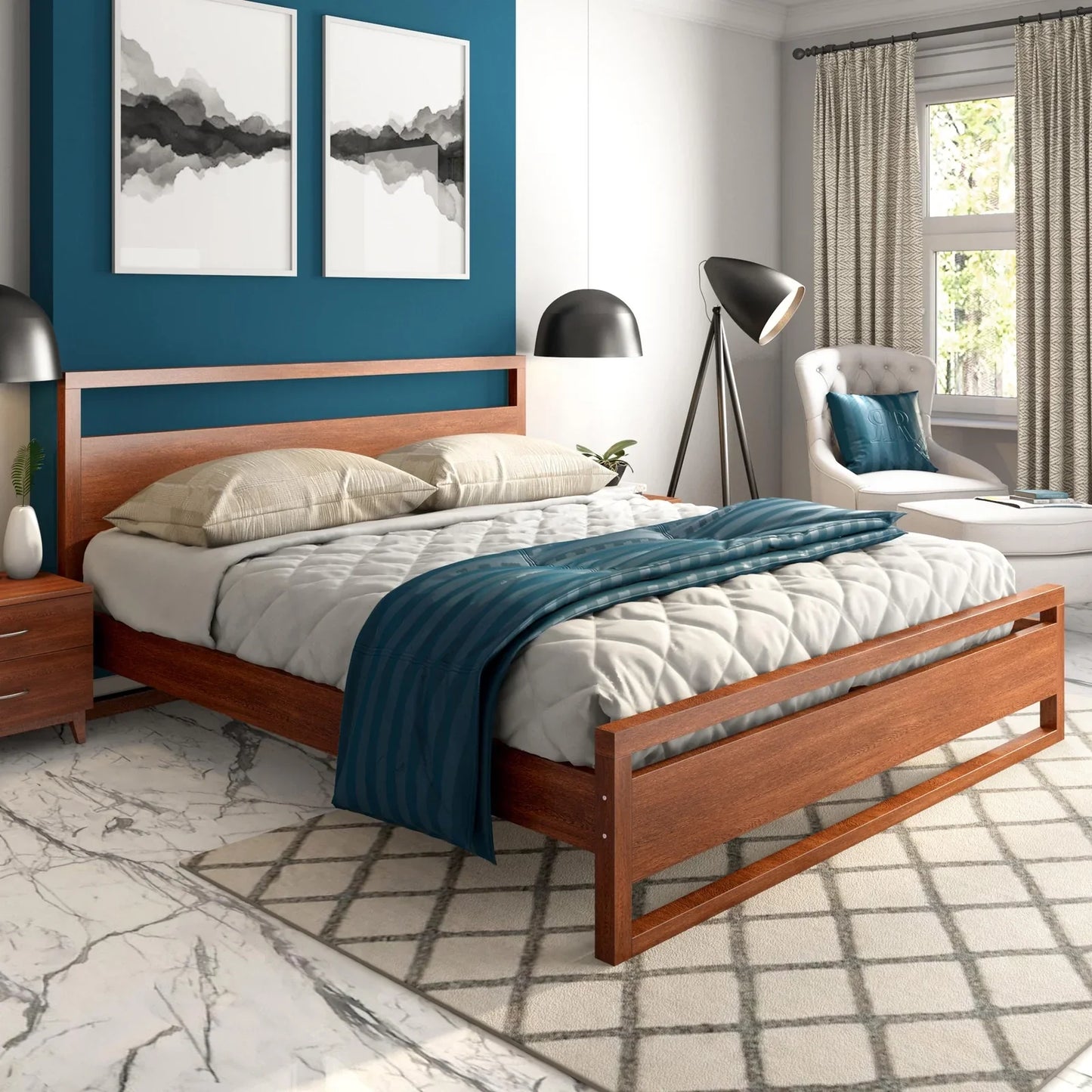 Solid Wood Queen Size Bed, Dark Oak Finish