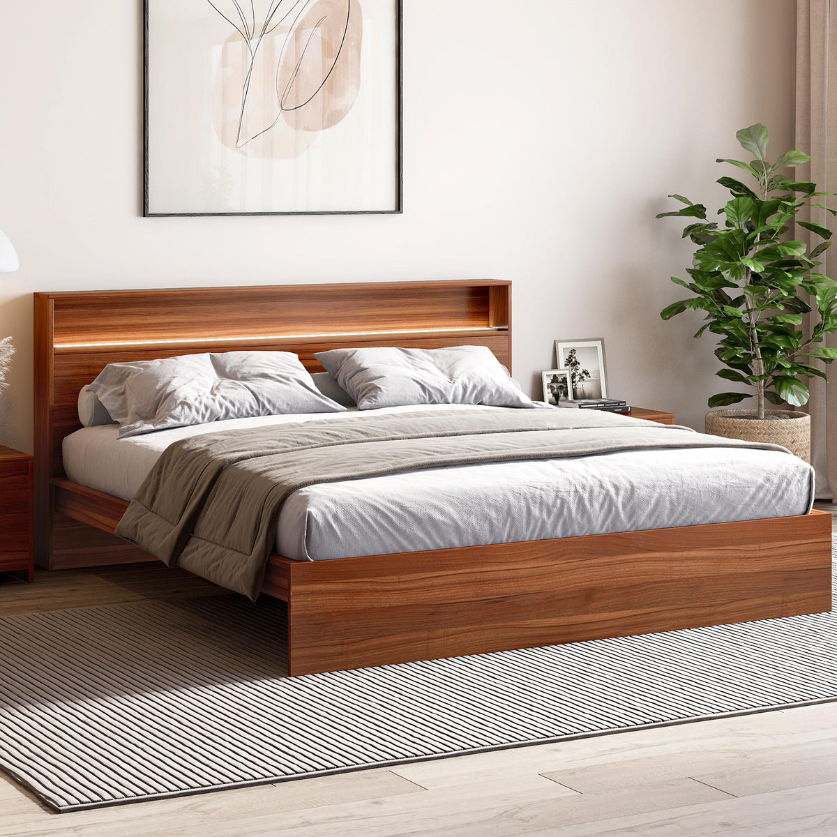 King Size Bed in Walnut Finish with LED Light