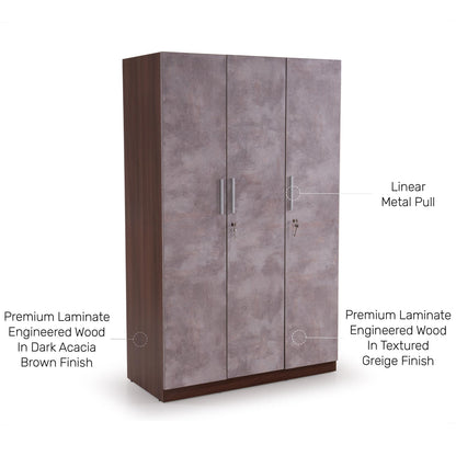 3 Door Wardrobe in Textured Greige Finish