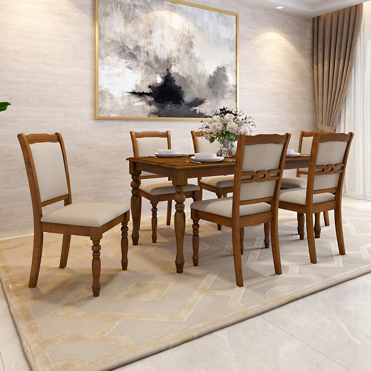Solid Wood 6 Seater Dining Set in Burnished Oak Finish