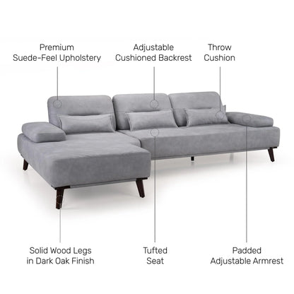 Suede L Shaped Sofa with Extendable Backrest