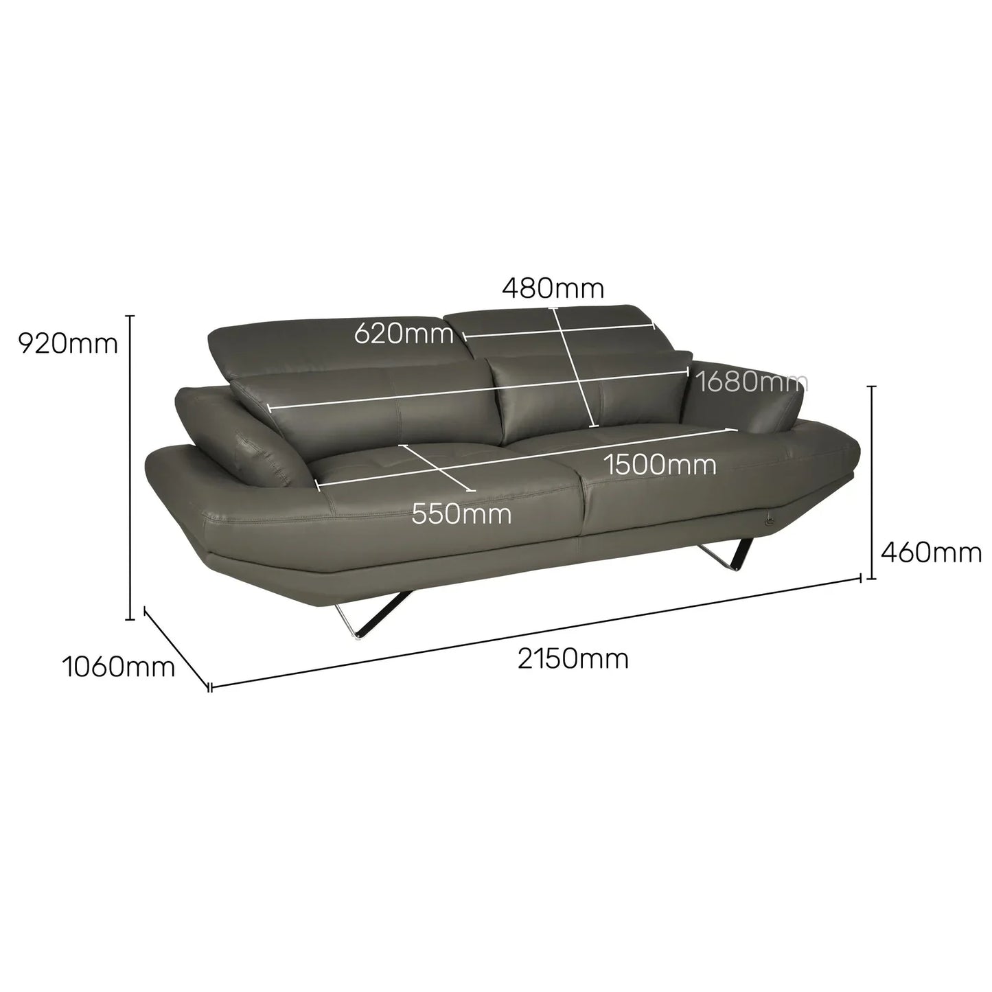 Leatherette 3 Seater Sofa with Adjustable Headrest