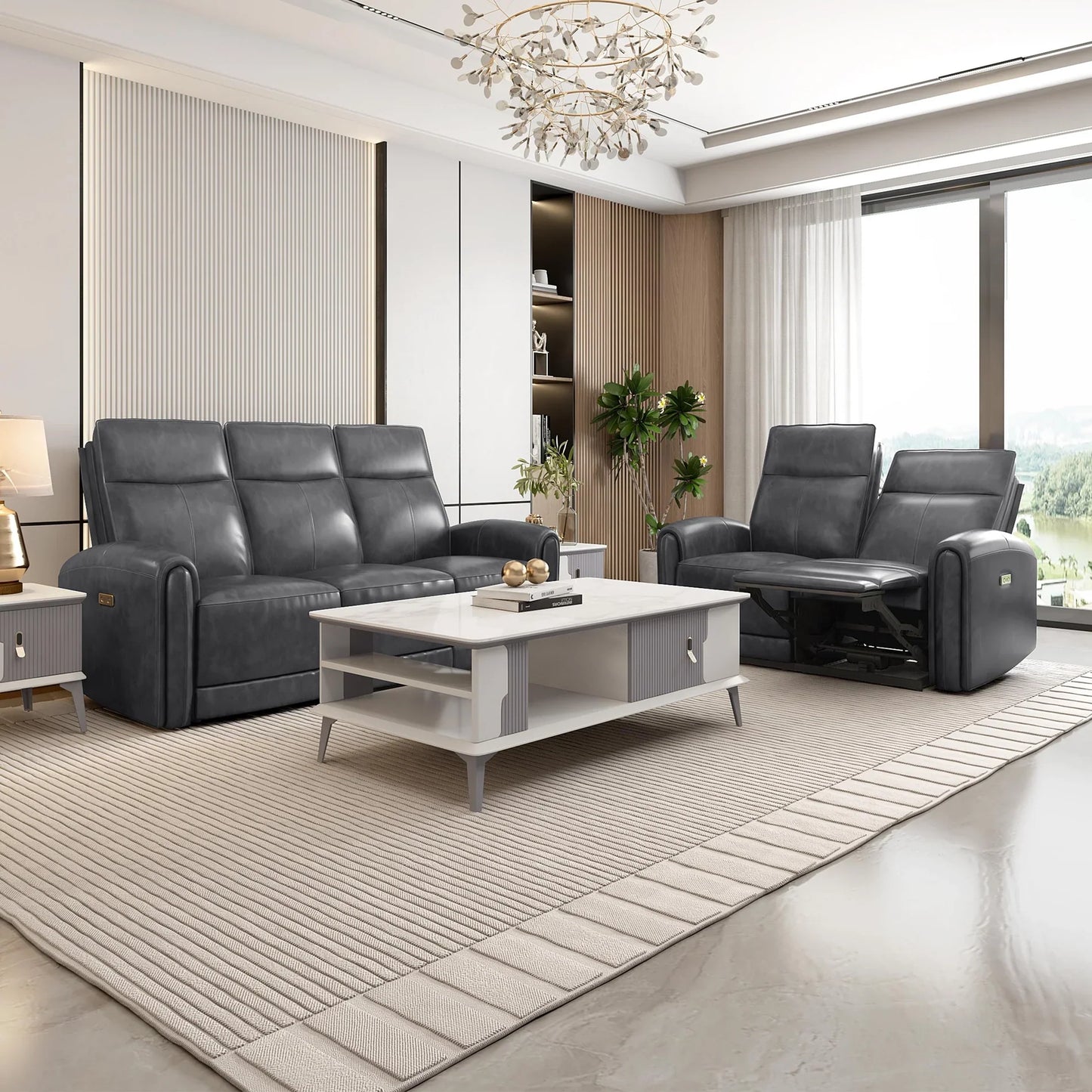 Leather 3 Seater Power Recliner with Charging Ports