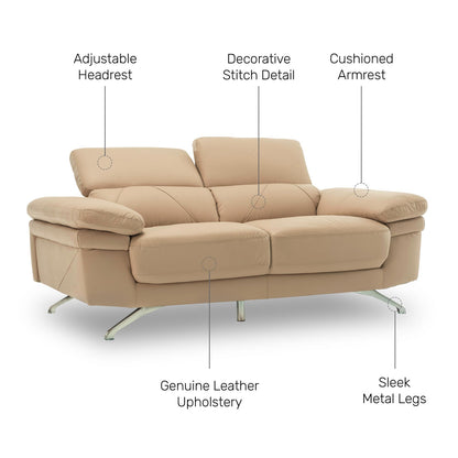 Leather 2 Seater Sofa with Adjustable Headrest