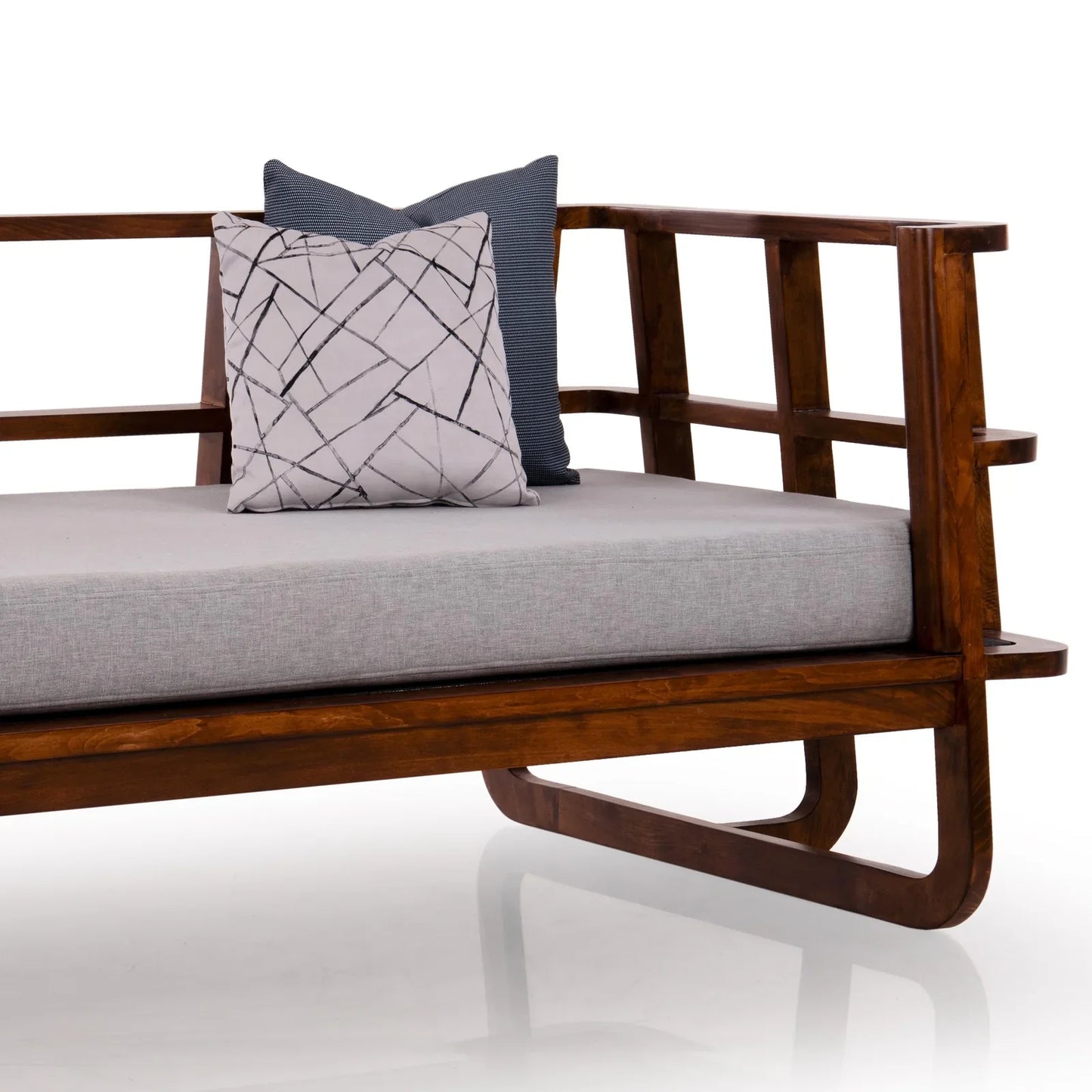 Solid Wood Slatted Sofa Cum Bed In Dark Oak Finish
