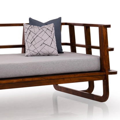 Solid Wood Slatted Sofa Cum Bed In Dark Oak Finish