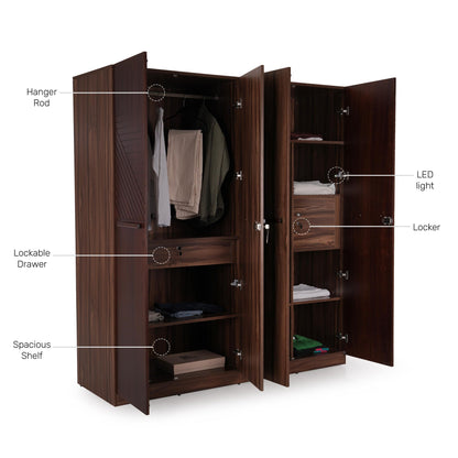 Veneer 4 Door Wardrobe in Walnut Finish