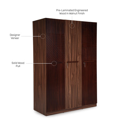 Veneer 3 Door Wardrobe in Walnut Finish