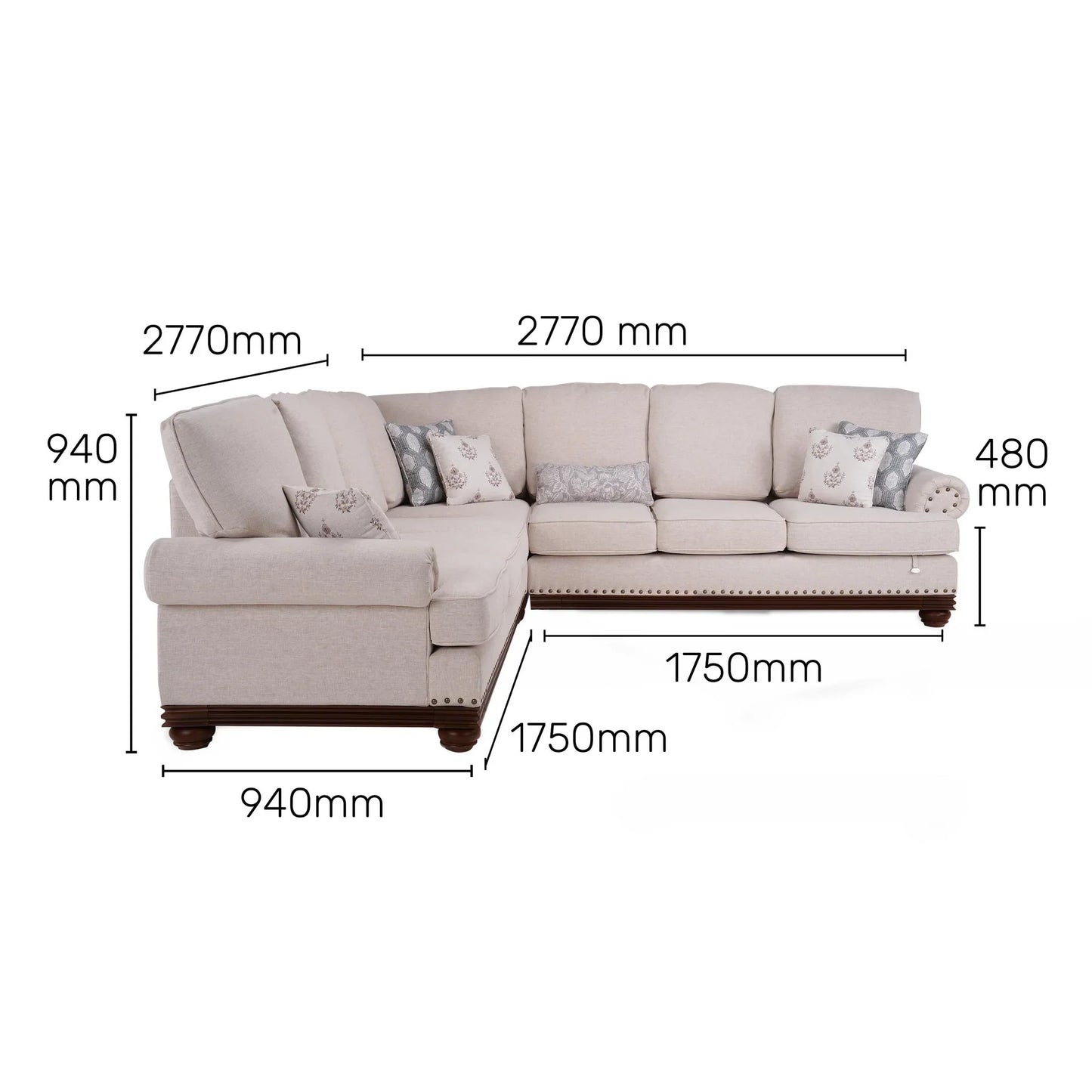 Linen Rolled Arms Corner Sofa in Beige