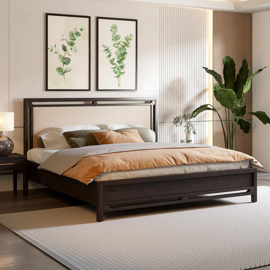Solid Wood King Size Bed with Upholstered Headboard