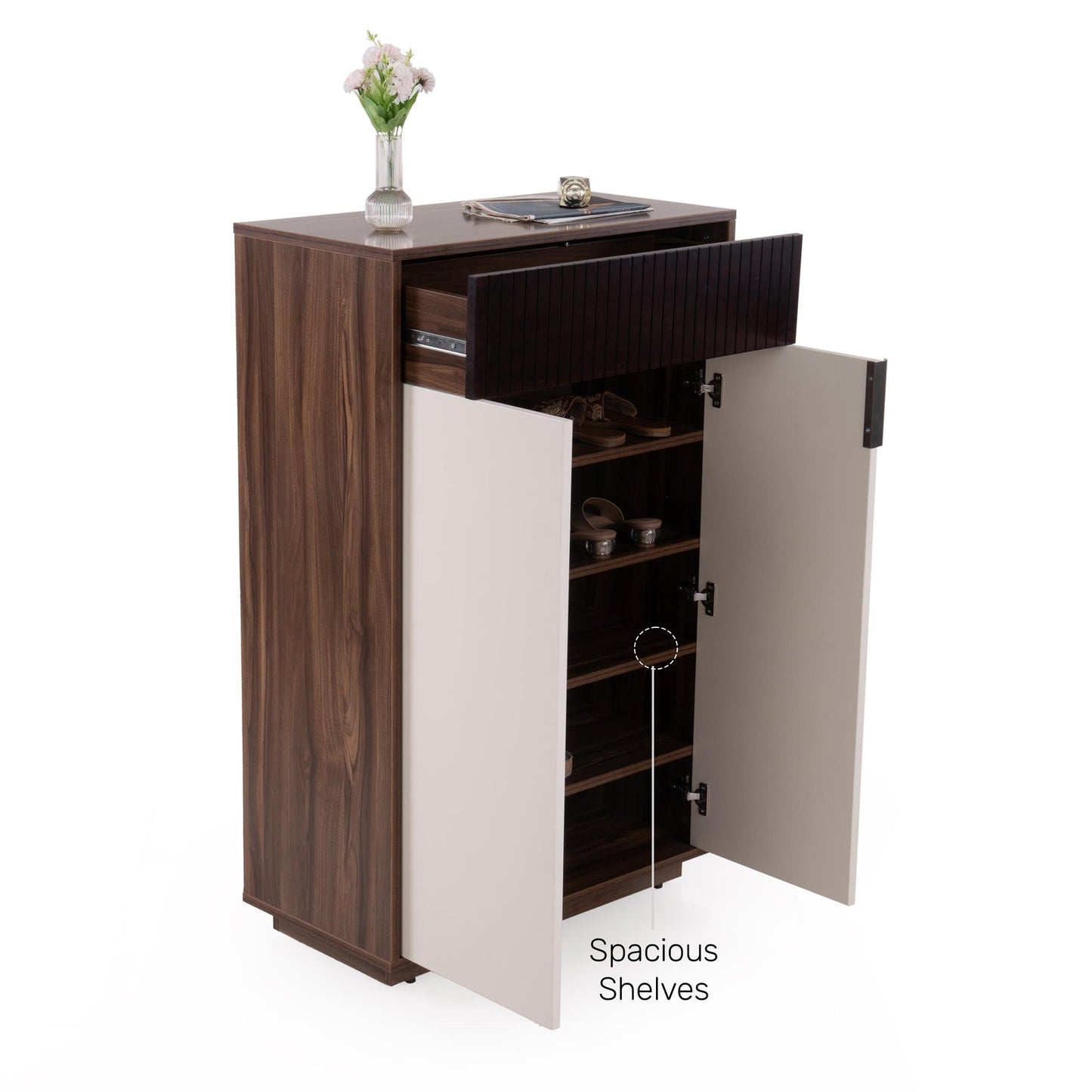 Shoe Cabinet in Walnut Finish with Fluted detail