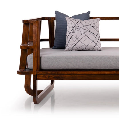 Solid Wood Slatted Sofa Cum Bed In Dark Oak Finish