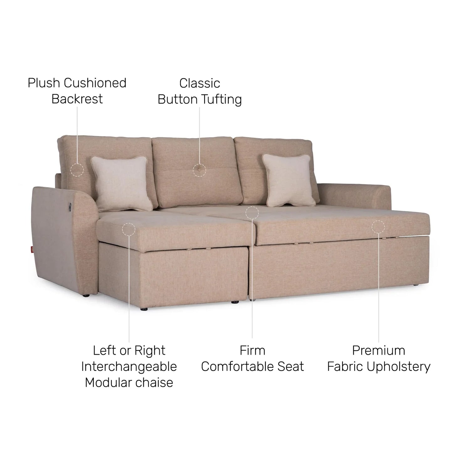 Fabric Sofa Cum Bed with Storage Chaise