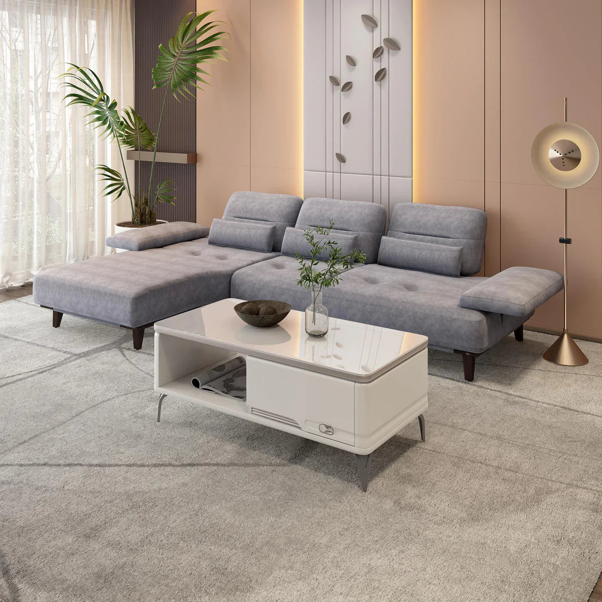Suede L Shaped Sofa with Extendable Backrest