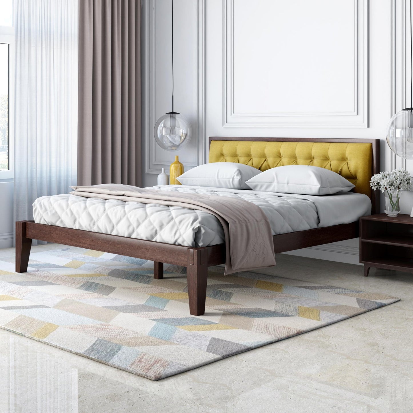 Solid Wood Queen Size Bed with Upholstered Headboard