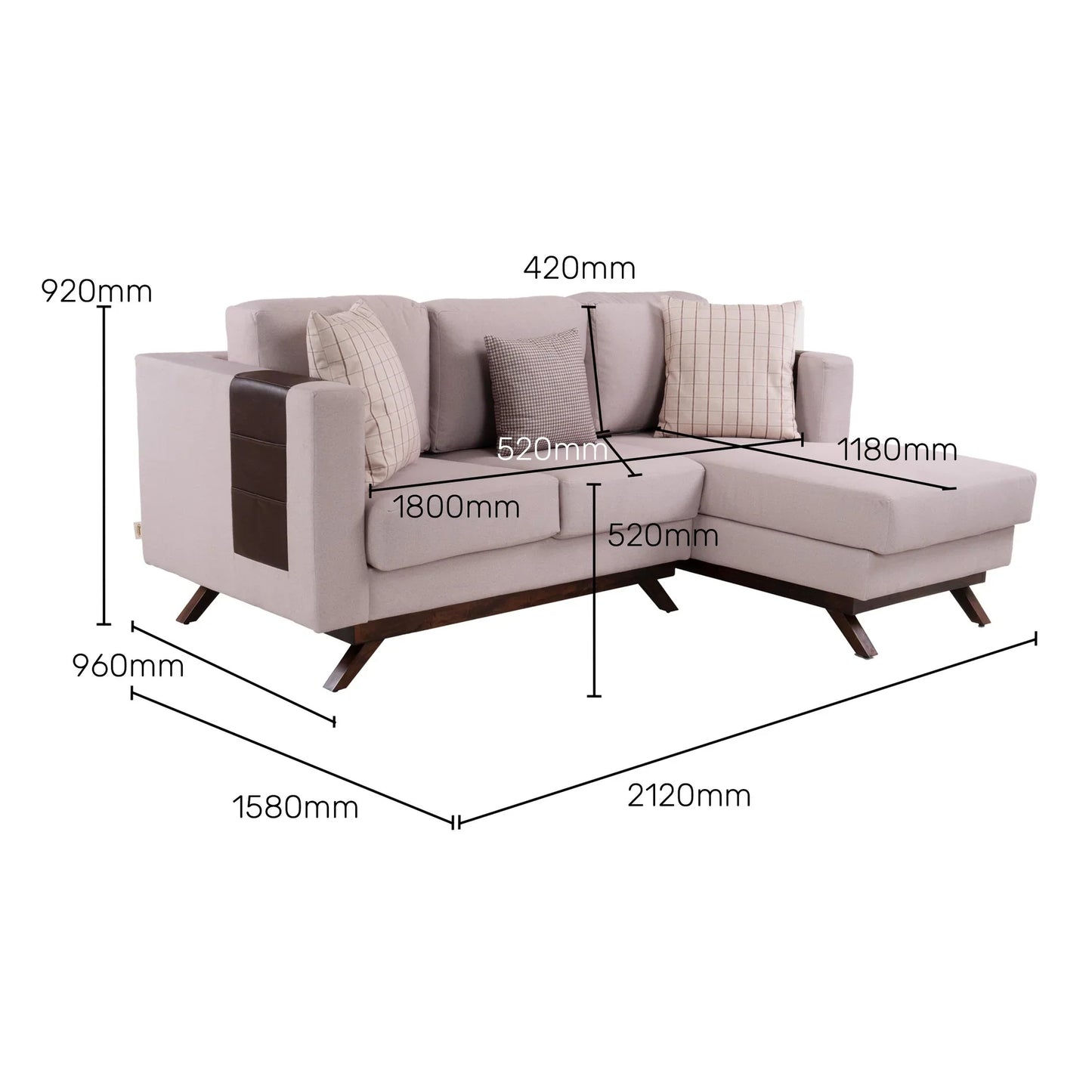 Velvet L-Shaped Sofa with Leatherette Side Pockets